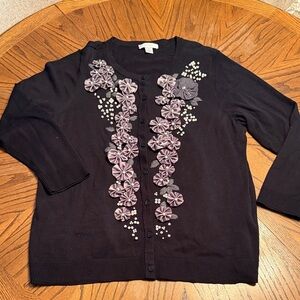 CJ Banks Black Cardigan with Gray/White Floral/Pearl Embroidery Women’s 1X